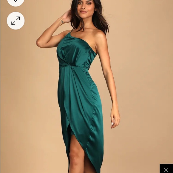 Law of Attraction Emerald One-Shoulder Asymmetrical Midi Dress lulus bridesmaid - Picture 4 of 7